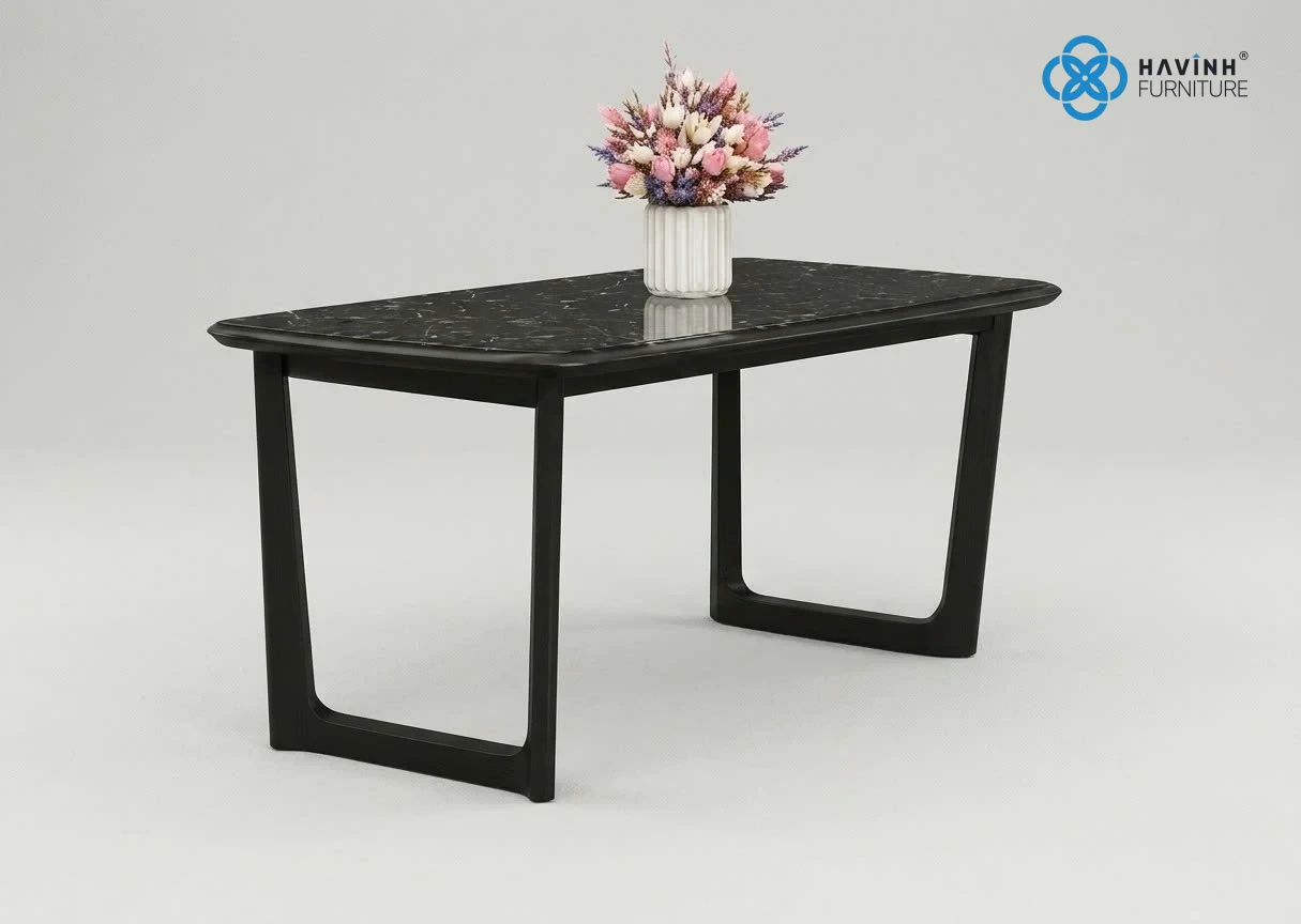 Bàn Ăn Mặt Đá Marble Đen Chân Gỗ Chữ U BA-02