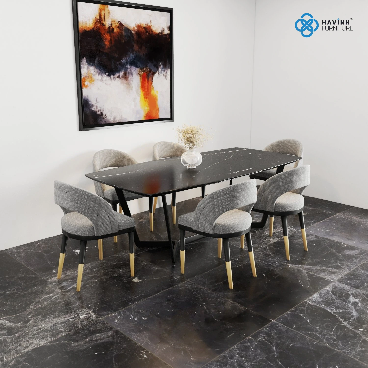 Bộ Bàn Ăn Mặt Đá Marble Đen & 6 Ghế Nỉ Chân Mạ Vàng BA-15