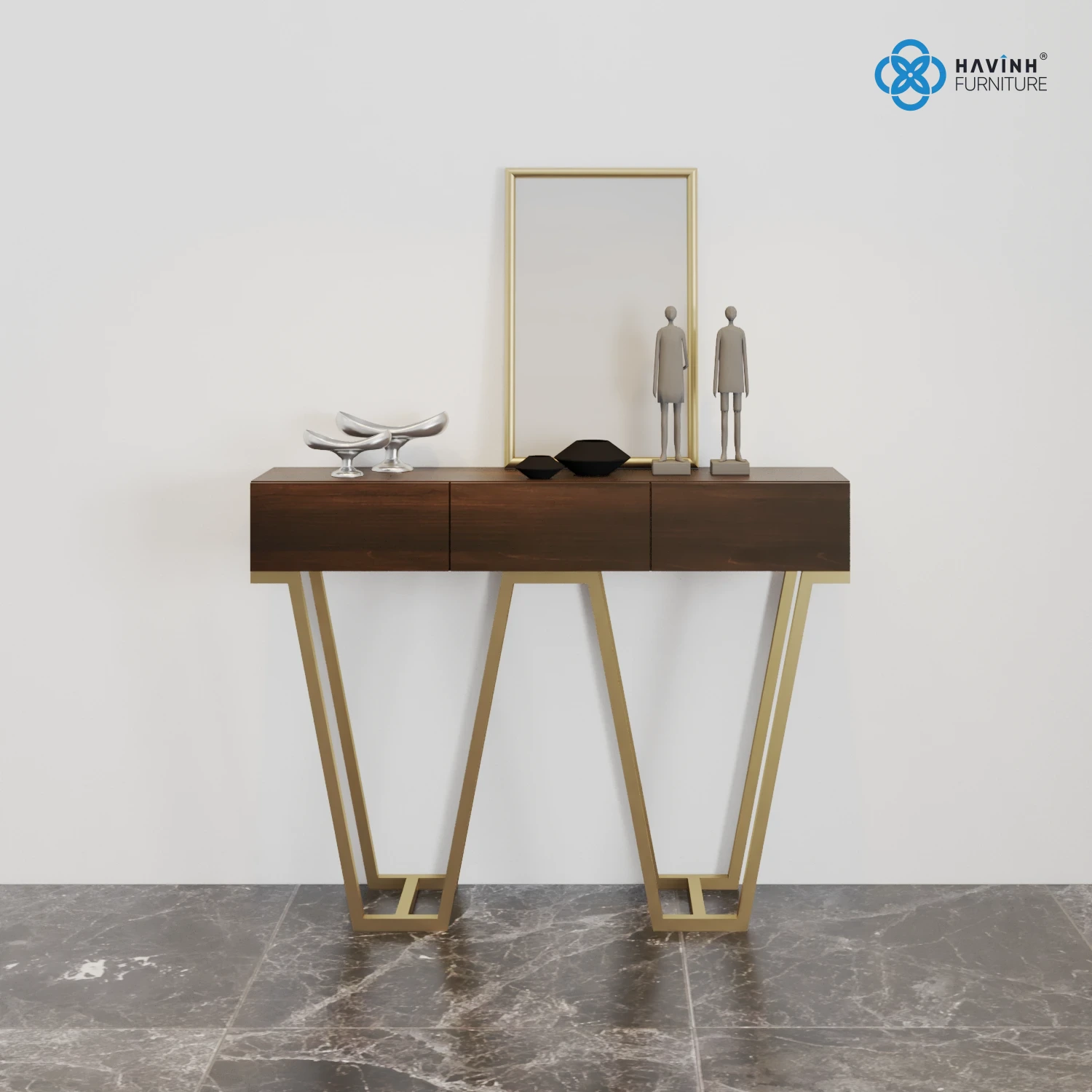 Bàn Console Gỗ Óc Chó Chân Vát Chữ W Mạ Vàng BC-02
