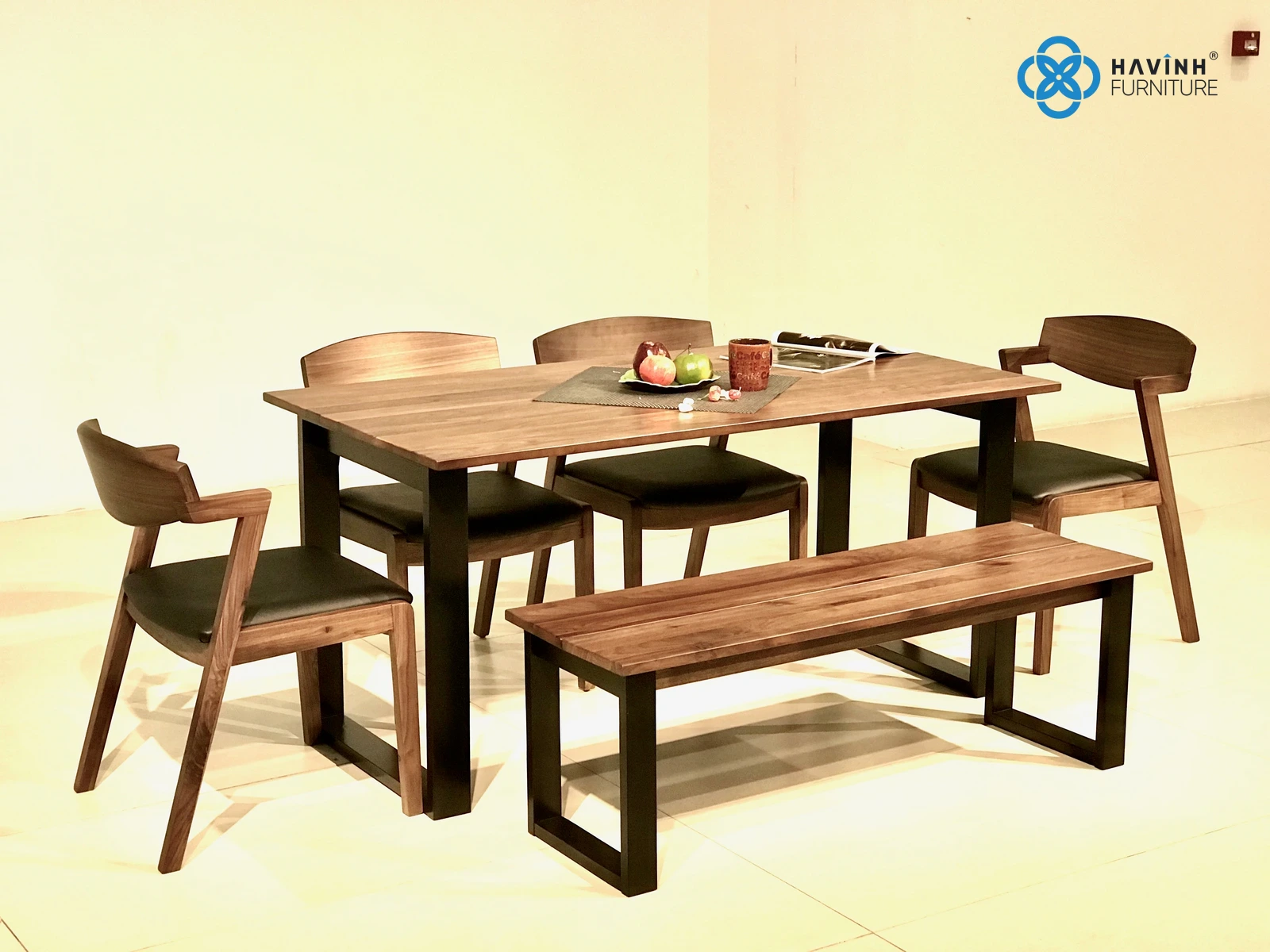 Bộ Bàn Ăn Gỗ Tự Nhiên Saga Chân Sắt Hộp Sơn Tĩnh Điện BA-12