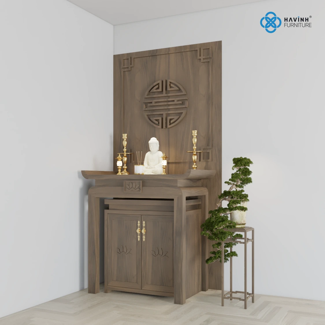 Bộ Bàn Thờ Đứng Hiện Đại Kèm Tủ Cơm & Vách Chữ Thọ BT-01