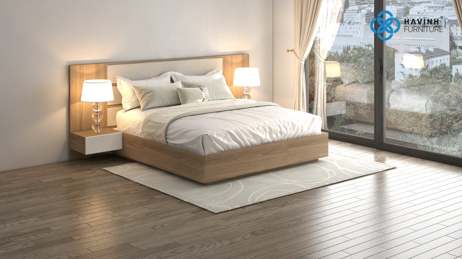 Giường Ngủ Đầu Bọc Nỉ Liền Tab Sơn Trắng GN-02