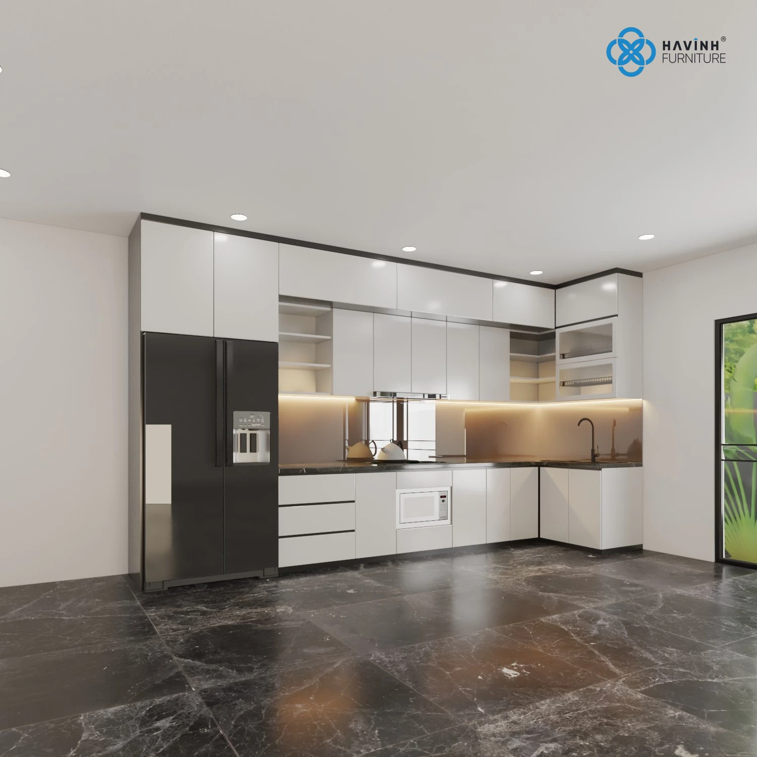 Hệ Tủ Bếp Góc Chữ L Kịch Trần Acrylic Bóng Gương TB-01