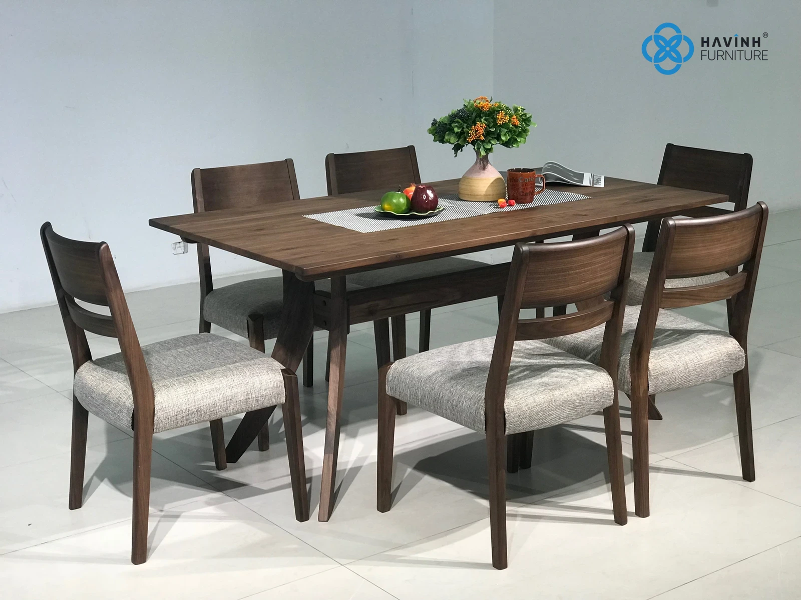 Bộ Bàn Ăn Nara 6 Ghế Gỗ Tự Nhiên Chân Chữ V BA-11